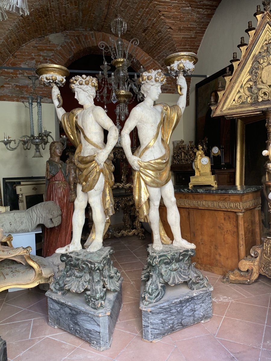 Deux Sculptures En Bois Laqué Et Doré. Toscana. Début Du XVIIIe Siècle-photo-1