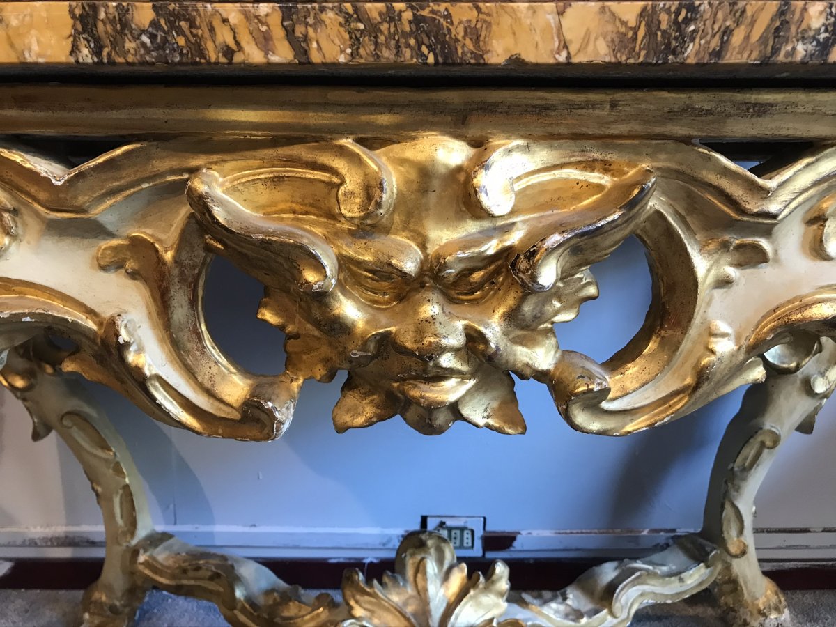 Console Et Miroir En Bois Dore Et Polychrome, Circa 1700. Italie-photo-2