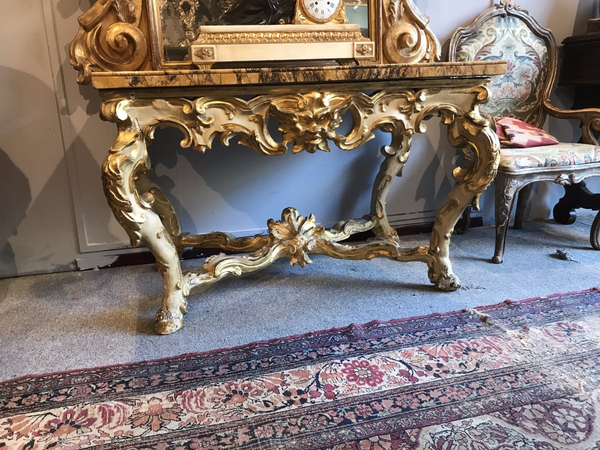 Console Et Miroir En Bois Dore Et Polychrome, Circa 1700. Italie-photo-3