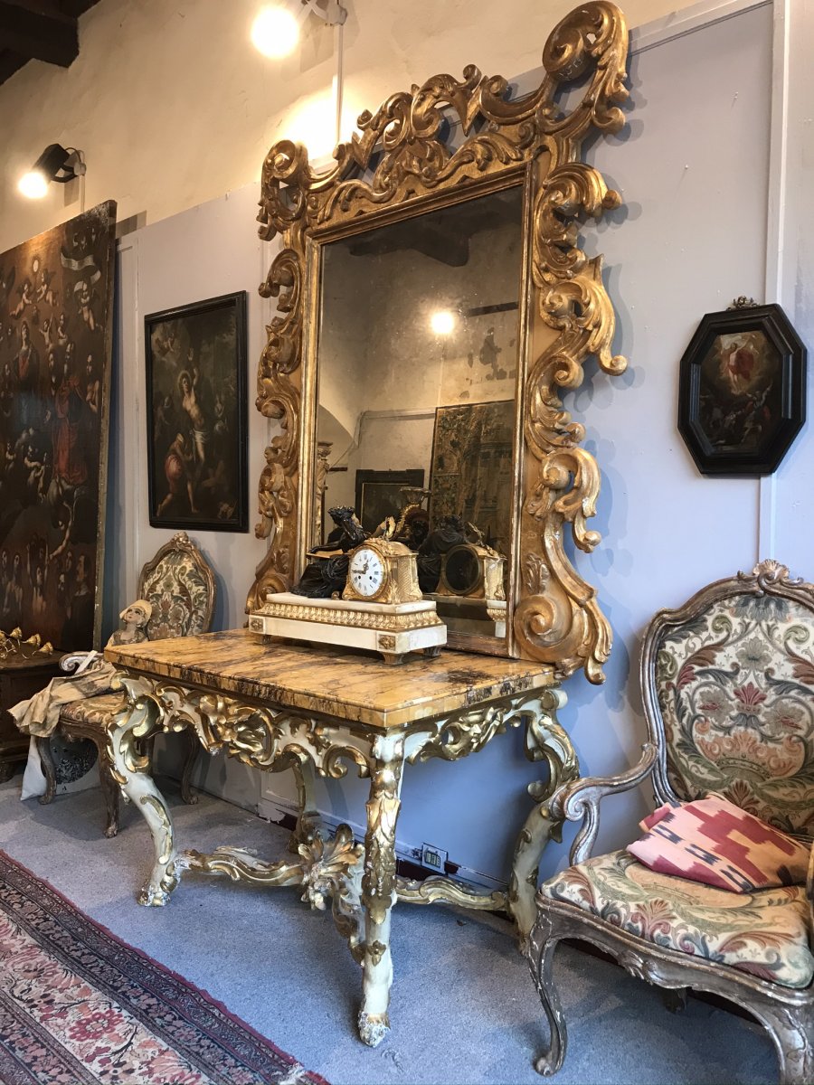 Console Et Miroir En Bois Dore Et Polychrome, Circa 1700. Italie-photo-2