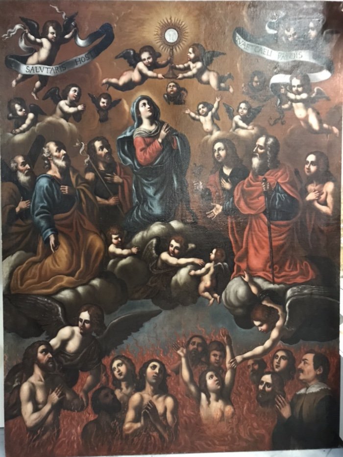 Grande Peinture Religieuse Avec Madonna Et Saints.