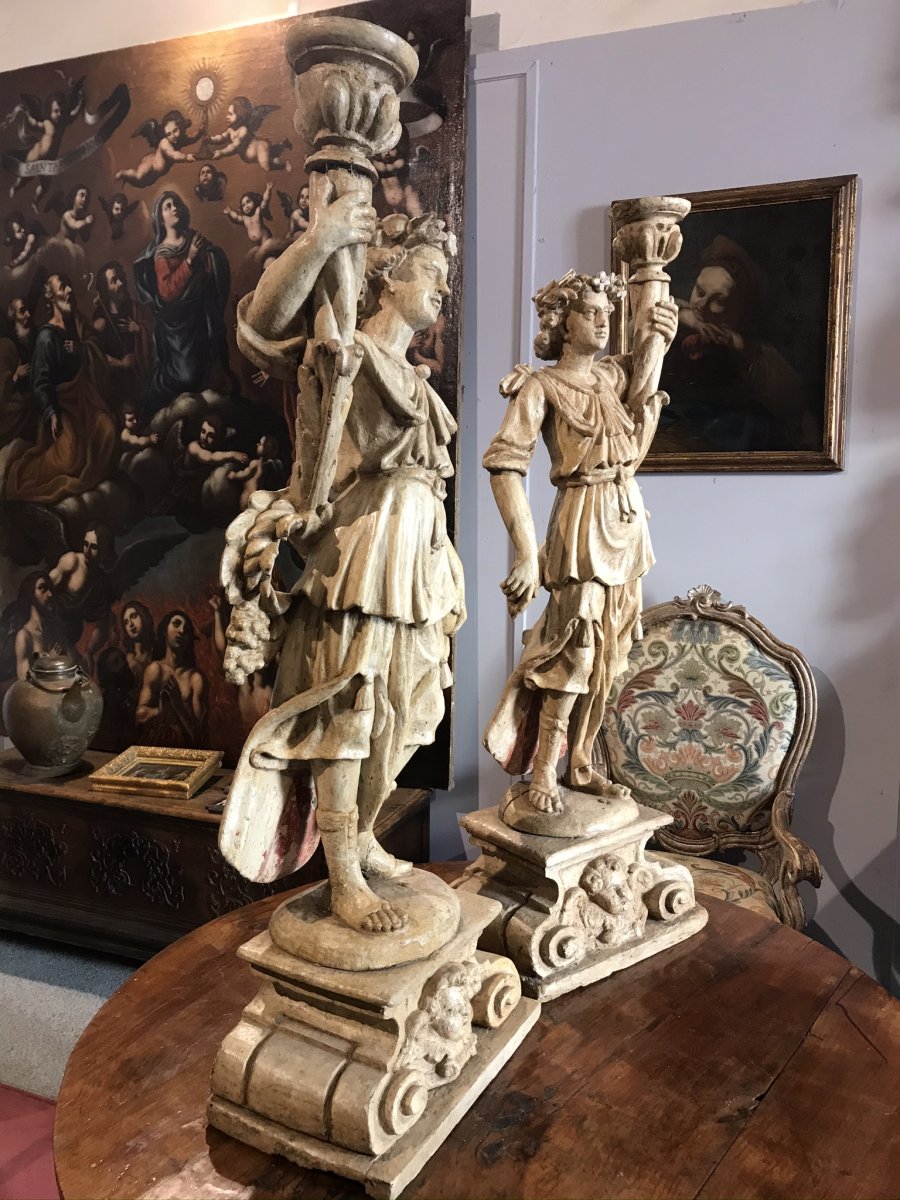 Paire d'anges   porte   torchere  en bois sculpté Toscane XVIsec. -photo-2