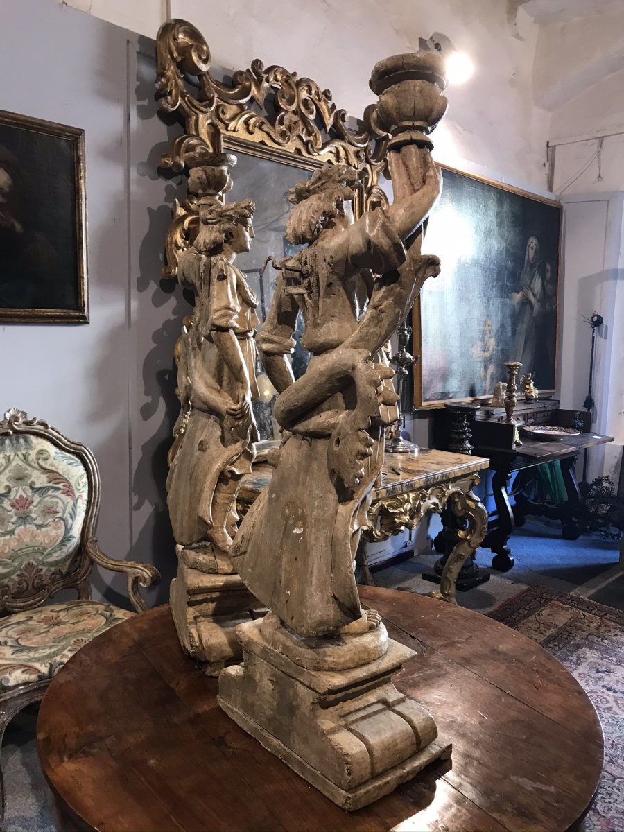 Paire d'anges   porte   torchere  en bois sculpté Toscane XVIsec. -photo-3