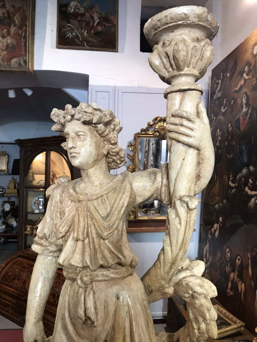 Paire d'anges   porte   torchere  en bois sculpté Toscane XVIsec. -photo-4