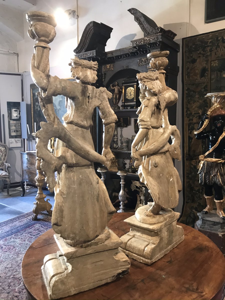 Paire d'anges   porte   torchere  en bois sculpté Toscane XVIsec. -photo-1