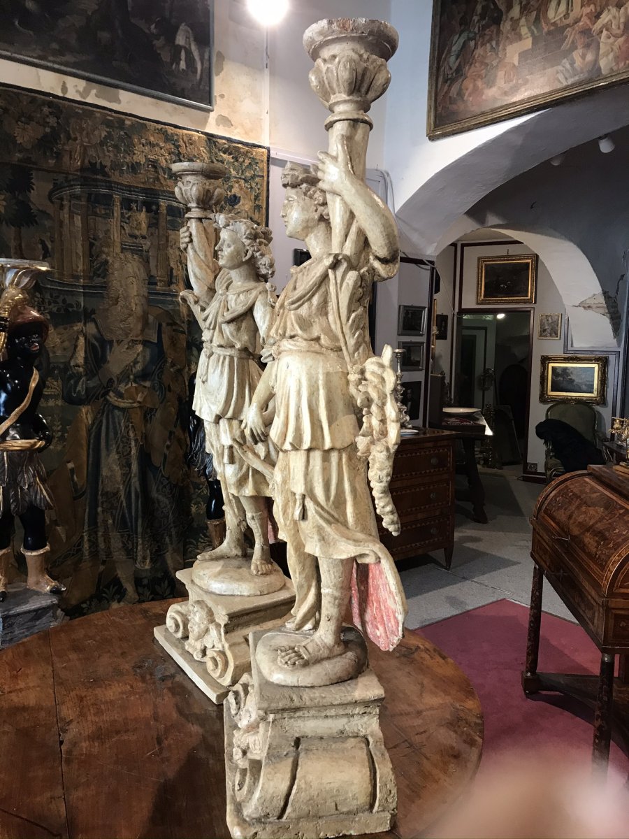 Paire d'anges   porte   torchere  en bois sculpté Toscane XVIsec. -photo-2