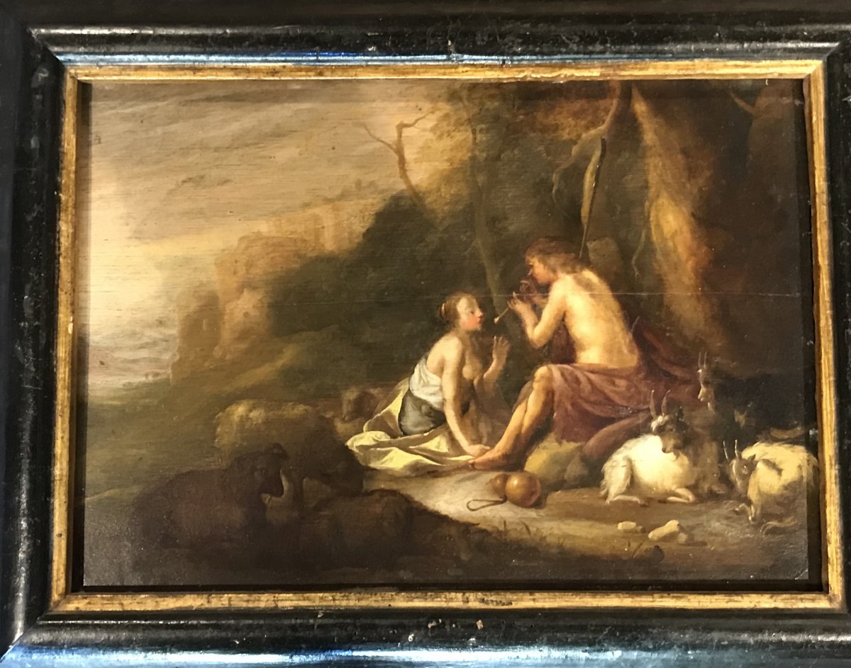 Peinture Sur Panneau, Scène Bucolique, Fin XVIIe Siècle. -photo-2