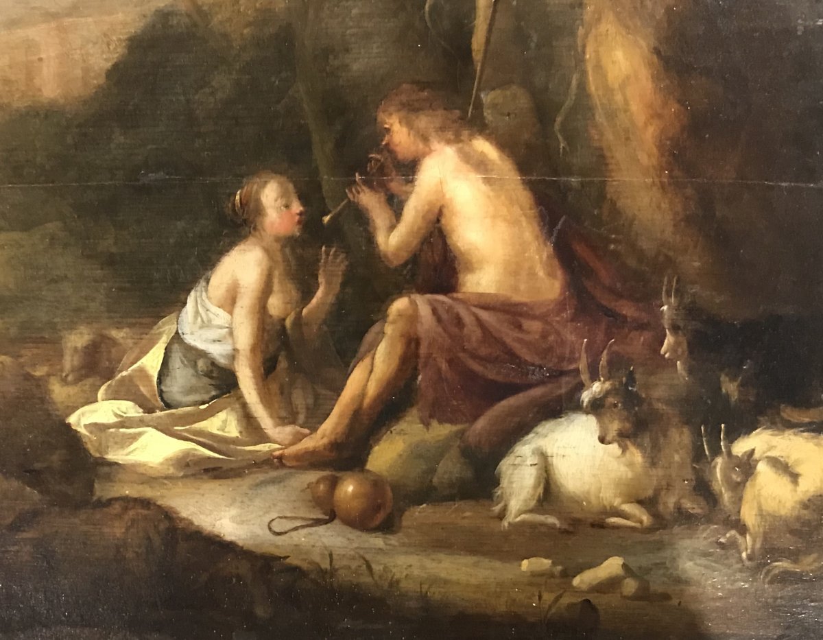 Peinture Sur Panneau, Scène Bucolique, Fin XVIIe Siècle. -photo-3