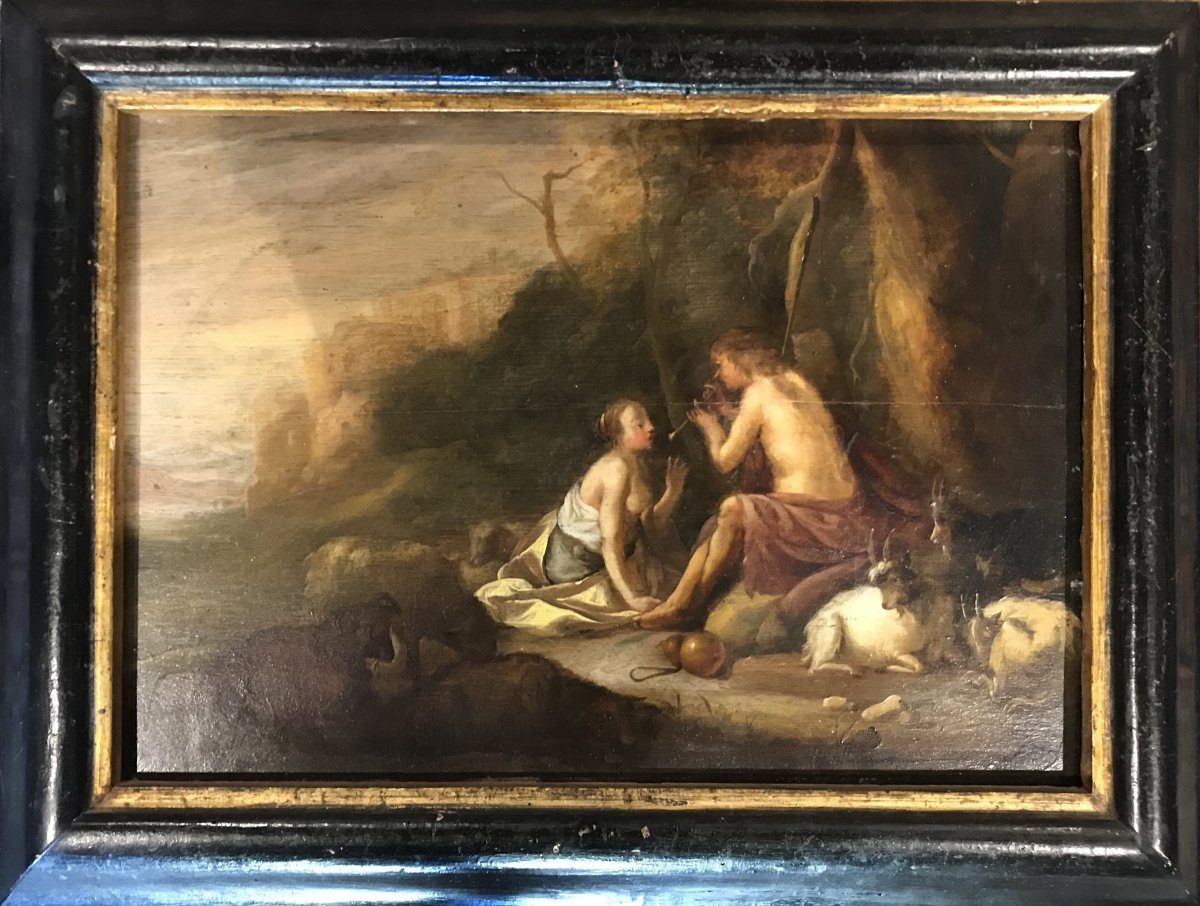 Peinture Sur Panneau, Scène Bucolique, Fin XVIIe Siècle. -photo-4
