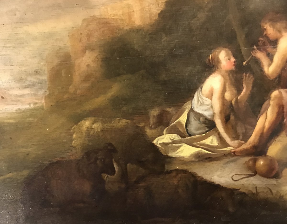 Peinture Sur Panneau, Scène Bucolique, Fin XVIIe Siècle. -photo-1