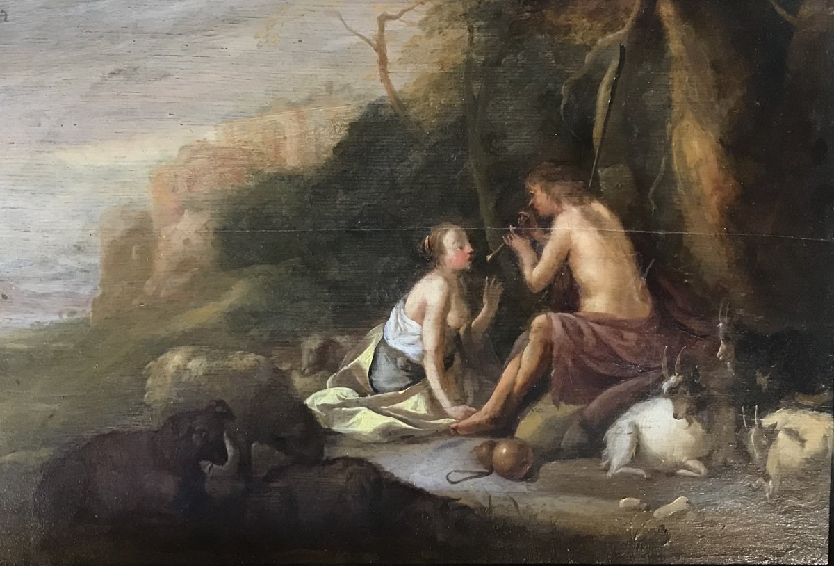 Peinture Sur Panneau, Scène Bucolique, Fin XVIIe Siècle. -photo-2