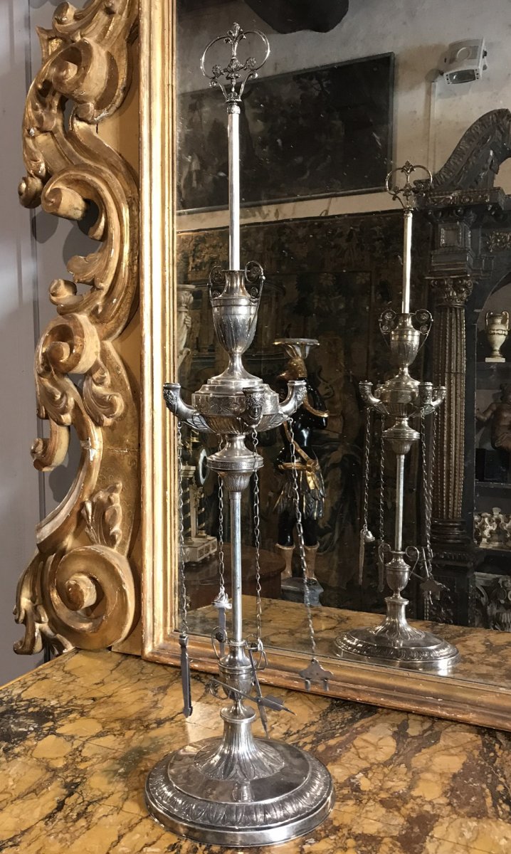 Grande Lampe Romaine En Argent Louis XVI. 