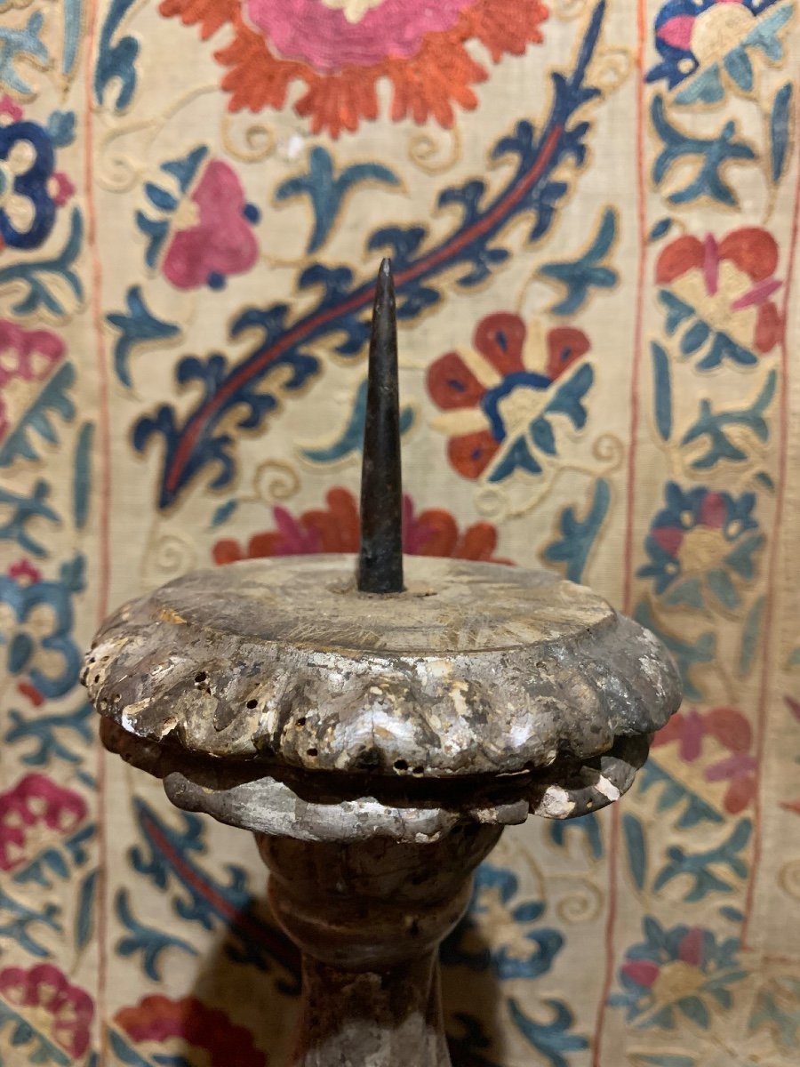 Paire De Bougeoirs Italiens En Bois Sculpté Et Argenté, XVIIe Siècle  -photo-6