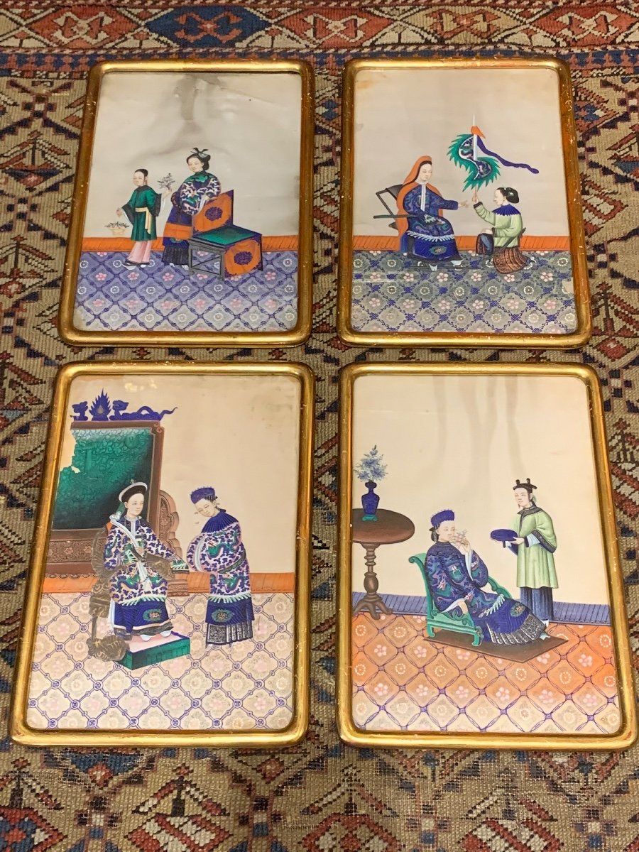 Ensemble De Quatre Aquarelles Chinoises Sur Papier Moelle, école Chinoise, XIXe Siècle 