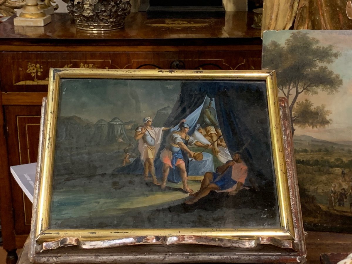 Scène De La Vie Militaire’ Huile Sur Verre, Fin XVIII Siècle  