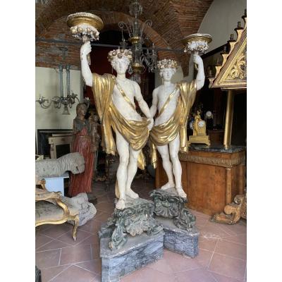 Deux Sculptures En Bois Laqué Et Doré. Toscana. Début Du XVIIIe Siècle