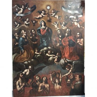 Grande Peinture Religieuse Avec Madonna Et Saints.
