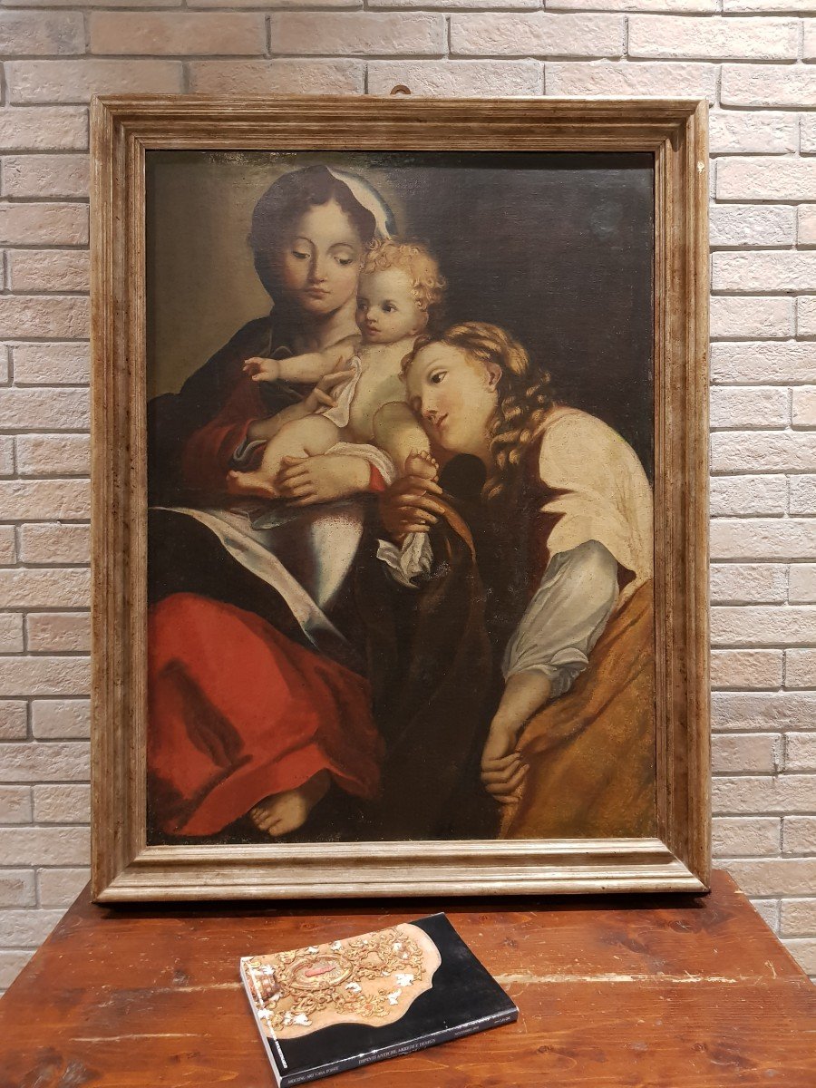 Madonna con Bambino e Figura Femminile, Olio Su Tela, XVIII Secolo
