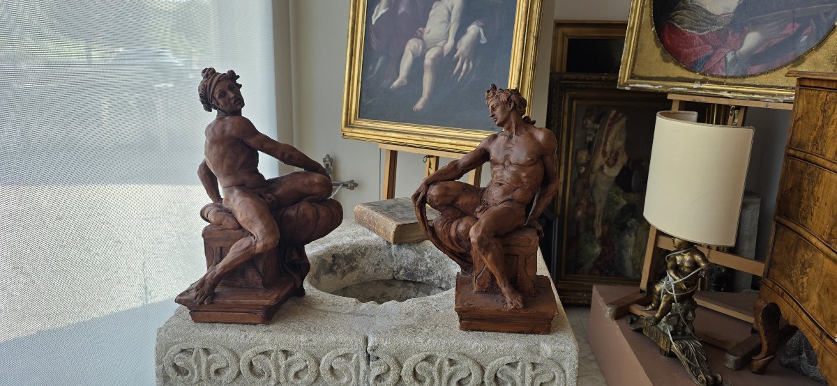  Coppia di Ignudi in terracotta patinata - da Michelangelo - XX secolo-photo-2