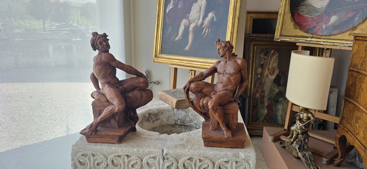  Coppia di Ignudi in terracotta patinata - da Michelangelo - XX secolo-photo-3