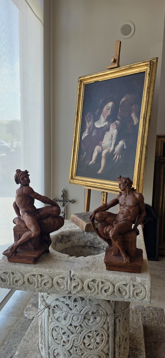  Coppia di Ignudi in terracotta patinata - da Michelangelo - XX secolo-photo-4