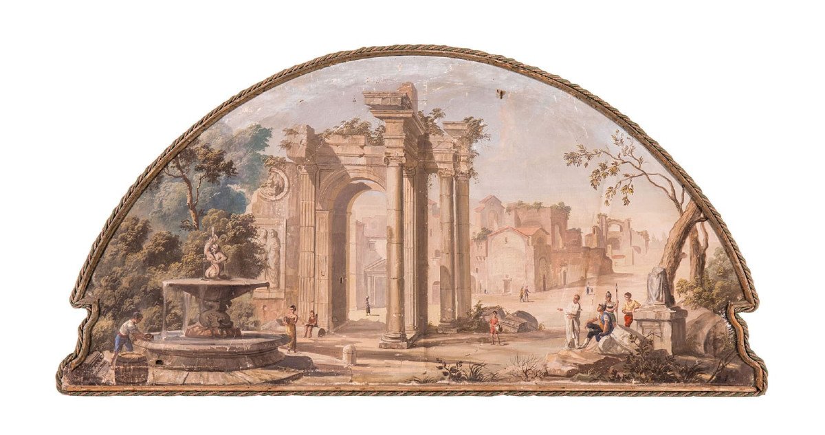  Quatre Peintures à La Détrempe Représentant Des Ruines Romaines, Epoque XVIIIème Siècle -photo-2