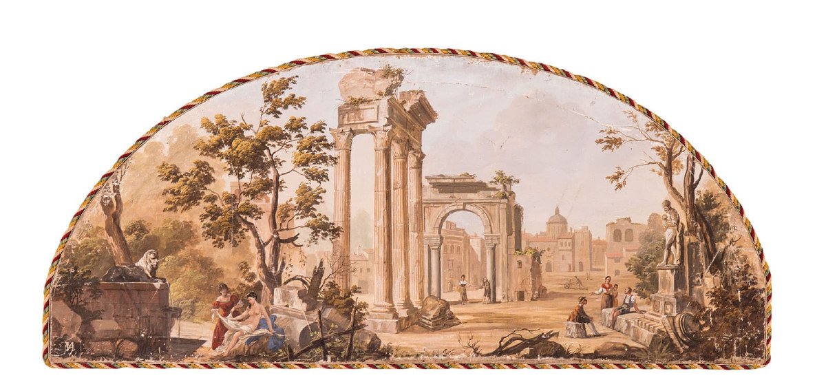  Quatre Peintures à La Détrempe Représentant Des Ruines Romaines, Epoque XVIIIème Siècle -photo-4