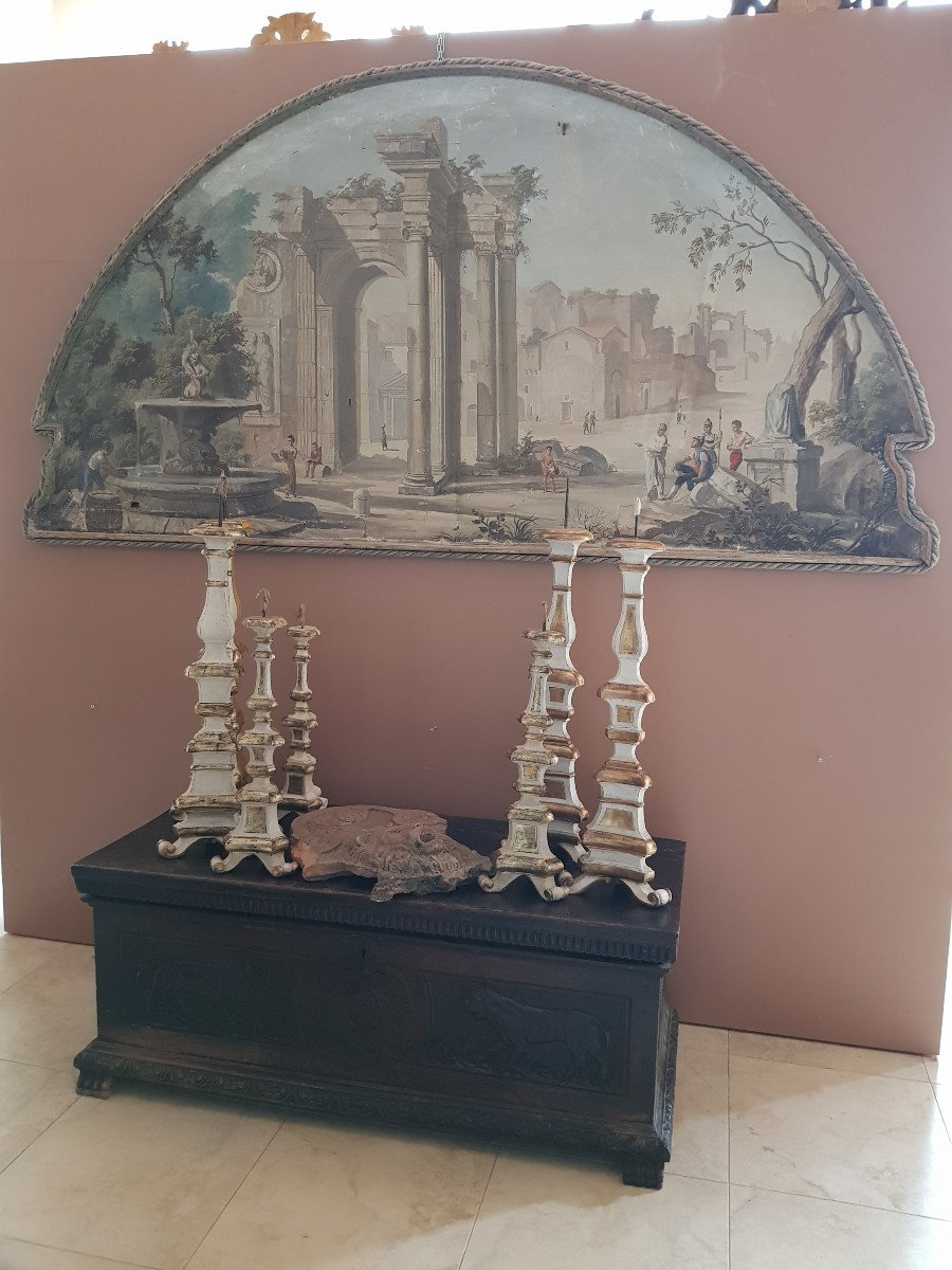  Quatre Peintures à La Détrempe Représentant Des Ruines Romaines, Epoque XVIIIème Siècle -photo-1
