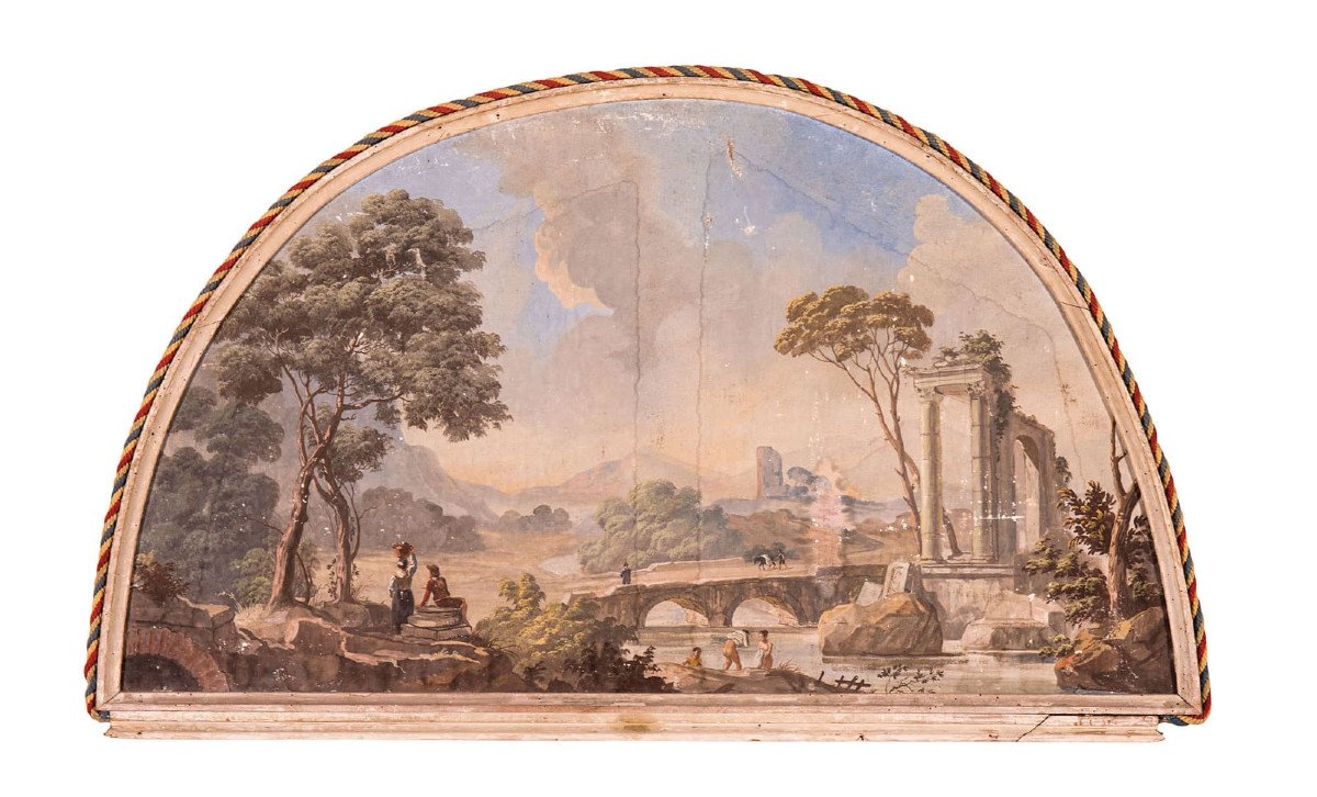  Quatre Peintures à La Détrempe Représentant Des Ruines Romaines, Epoque XVIIIème Siècle 