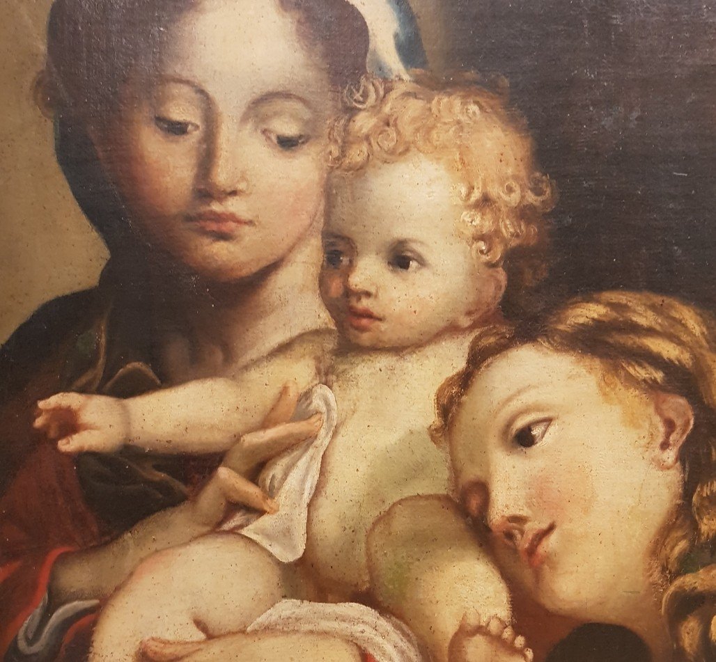 Vierge à l'Enfant Et Personnage Féminin, Huile Sur Toile, XVIIIe Siècle-photo-2