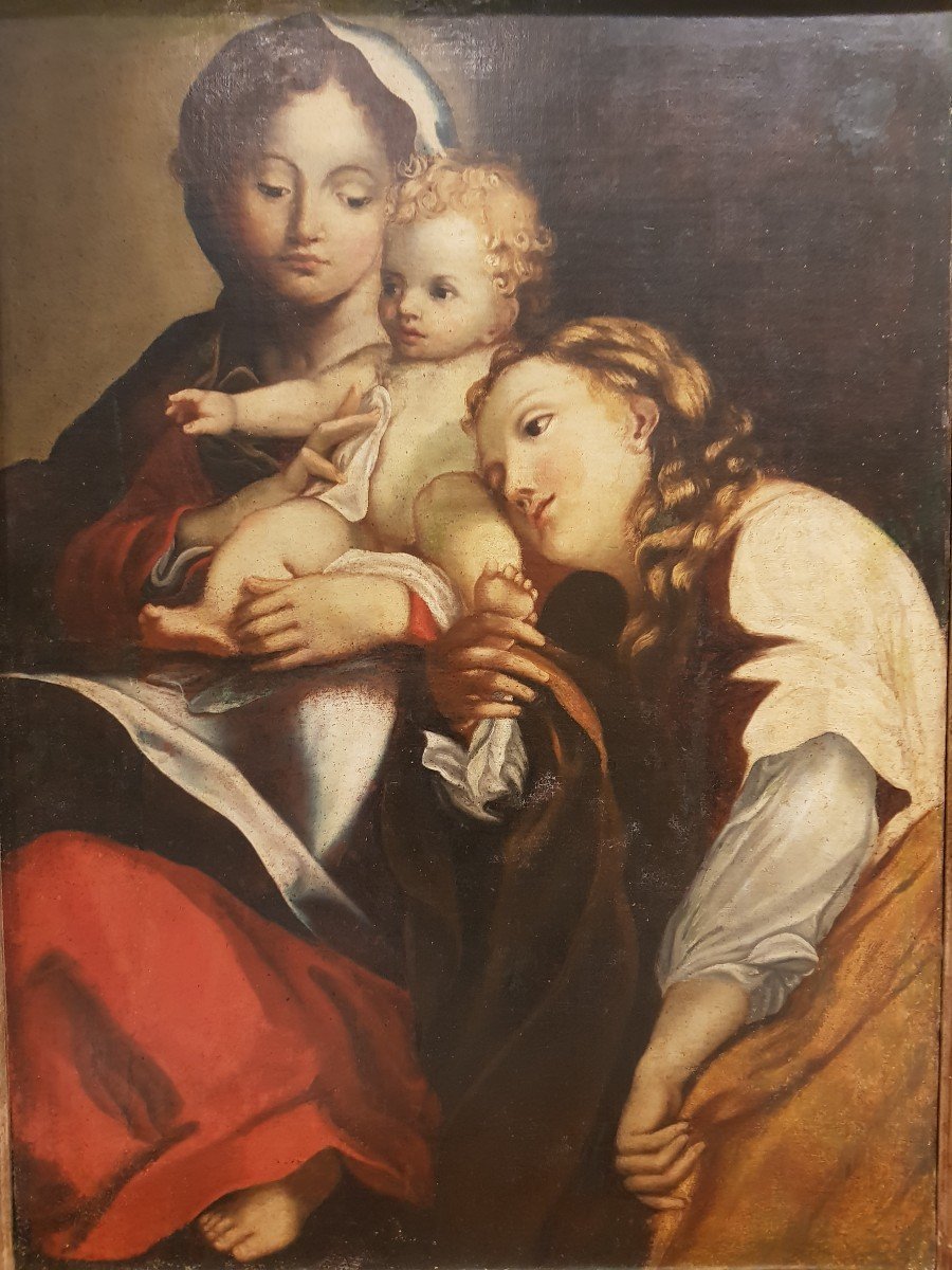 Vierge à l'Enfant Et Personnage Féminin, Huile Sur Toile, XVIIIe Siècle-photo-4
