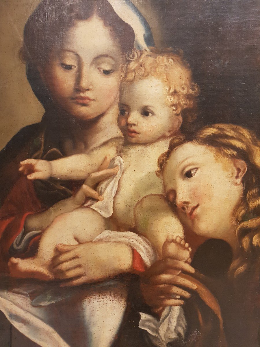 Vierge à l'Enfant Et Personnage Féminin, Huile Sur Toile, XVIIIe Siècle-photo-3