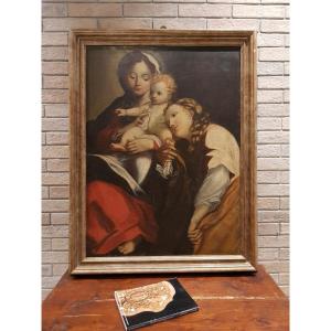 Madonna con Bambino e Figura Femminile, Olio Su Tela, XVIII Secolo