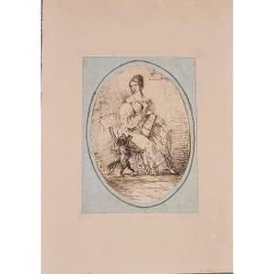 Bozzetto su carta raffigurante donna con cane, Epoca '800