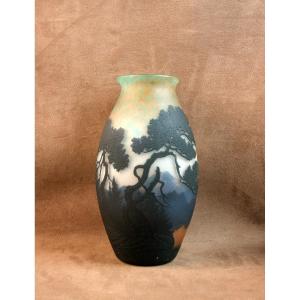 Multi-layered Glass Vase With Acid-etched Vosges Landscape Decoration By Muller Frères Lunéville
