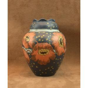 Villeroy & Boch Mettlach Stoneware Art Nouveau Vase With Poppy Decor