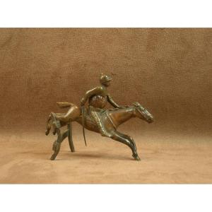 Equestrian Sculpture Jockey On His Horse In Bronze & Walnut 19th Century