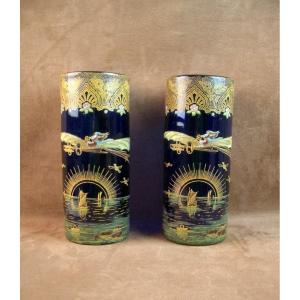 Legras, Pair Of Enameled Glass Vases Commemorating Aviatrix Harriet Quimby