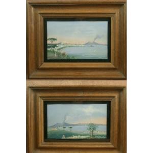 Pair Of Neapolitan Gouache Paintings Of The Bay Of Naples, Vesuvius, 19th Century