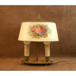 Antique Hot Water Bottle Lamp, Painted Sheet Metal Lampshade With Floral Decor