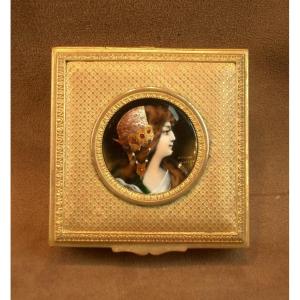 Gilt Metal Box Decorated With A Miniature Enamel On Copper Portrait Of An Art Nouveau Woman