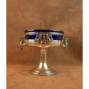 Silver-plated Metal Centerpiece With Blue Glass By Orfèvre Roux Marquiand 
