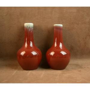 Pair Of Oxblood Red Ceramic Vases Signed Pol Chambost