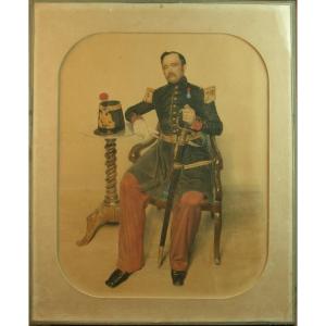Large 19th Century Watercolor, Portrait Of A Man In Second Empire Military Dress