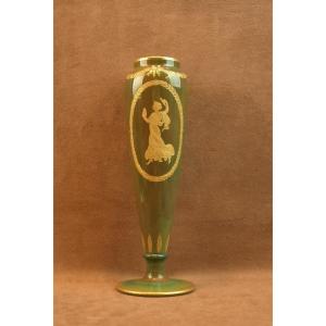 19th Century Bohemian Lithyaline Glass Vase, Engraved And Gilded With A Woman's Decoration 