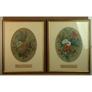 Pair Of 19th Century Naturalist Watercolors, Flowers, Bouquet Of Fields And Gardens
