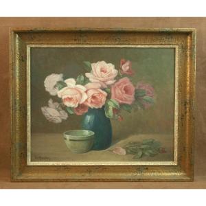 Oil Painting On Canvas Still Life With Bouquet Of Roses By Edouard Mandon (1885-1977)