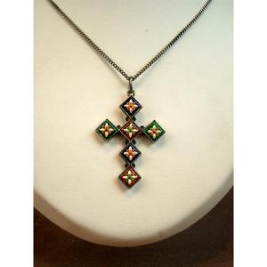 Antique Cross Pendant In Vermeil And Bresse Enamels