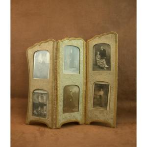 Beautiful Old Small Fabric Screen Forming A Photo Holder