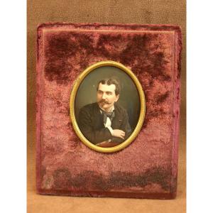Miniature Photographic Enamel Mathieu Deroche Process Portrait Of A Man 19th Century